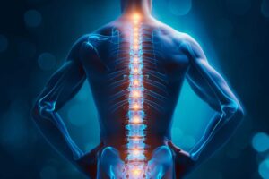 Adult discussing digestive discomfort with a chiropractor in a bright clinical room.